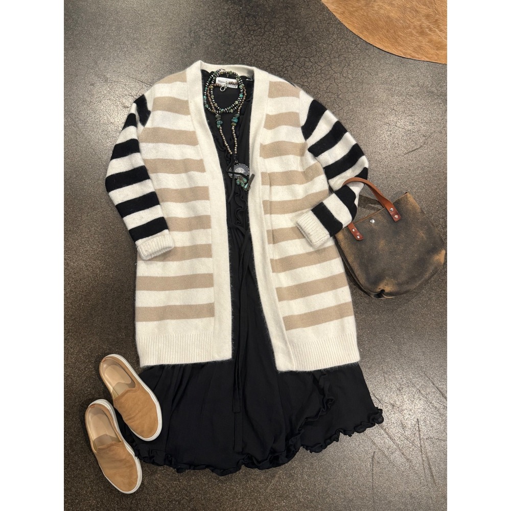 DIANE VON FURSTENBERG Long Striped Cardigan Sweater Black Tan Cream Size Petite